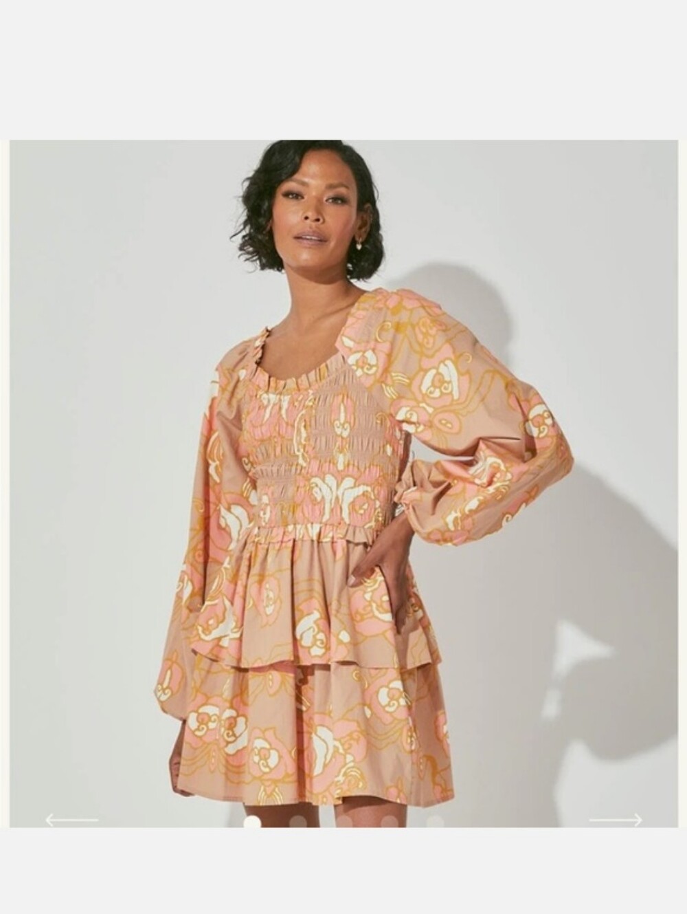 Cleobella Floral Smocked Midi Dress in Peach and Tan